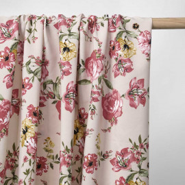 Tissu crêpe beige à motif fleuri rose, vert et moutarde / Pretty Mercerie / mercerie en ligne