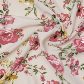 Tissu crêpe beige à motif fleuri rose, vert et moutarde / Pretty Mercerie / mercerie en ligne