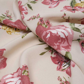 Tissu crêpe beige à motif fleuri rose, vert et moutarde / Pretty Mercerie / mercerie en ligne