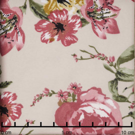 Tissu crêpe beige à motif fleuri rose, vert et moutarde / Pretty Mercerie / mercerie en ligne