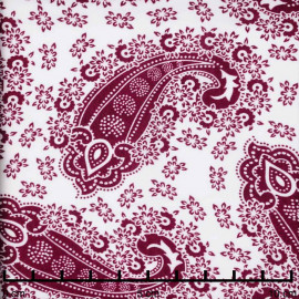 Tissu viscose blanc cassé à motif paisley bohème bordeaux | Pretty Mercerie | Mercerie en ligne
