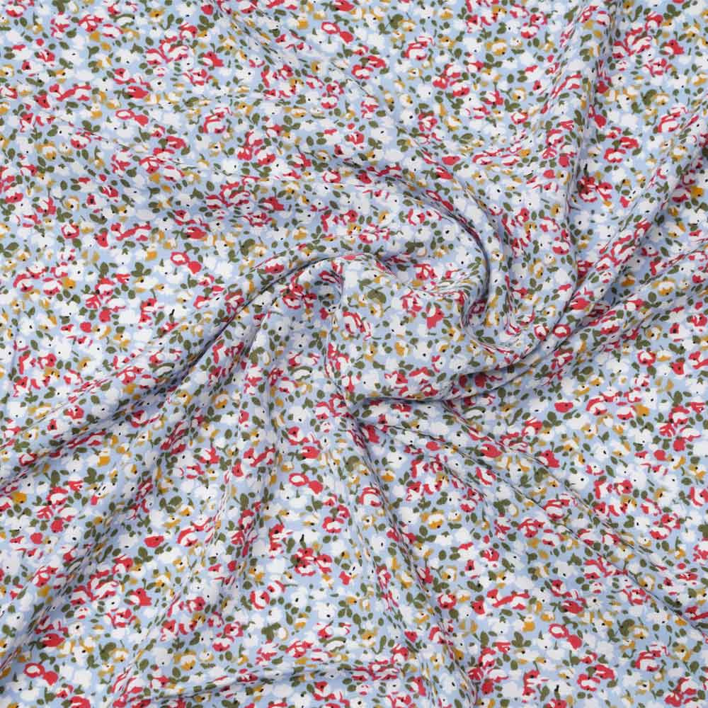 Tissu viscose bleu ciel à motif bloom rose, vert et moutarde | Pretty Mercerie | Mercerie en ligne