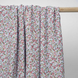Tissu viscose bleu ciel à motif bloom rose, vert et moutarde | Pretty Mercerie | Mercerie en ligne