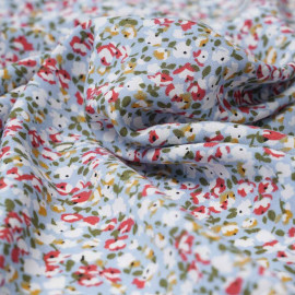 Tissu viscose bleu ciel à motif bloom rose, vert et moutarde | Pretty Mercerie | Mercerie en ligne