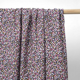 Tissu viscose bleu foncé à motif bloom moutarde, gris et rose | Pretty Mercerie | Mercerie en ligne