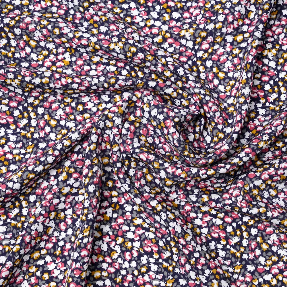 Tissu viscose bleu foncé à motif bloom moutarde, gris et rose | Pretty Mercerie | Mercerie en ligne