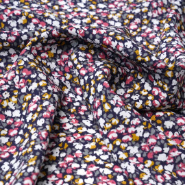 Tissu viscose bleu foncé à motif bloom moutarde, gris et rose | Pretty Mercerie | Mercerie en ligne