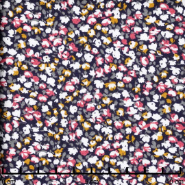 Tissu viscose bleu foncé à motif bloom moutarde, gris et rose | Pretty Mercerie | Mercerie en ligne