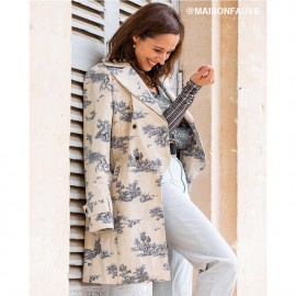Tissu toile de coton et lin écru à motif toile jouy bleu | Pretty Mercerie | mercerie en ligne