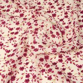Tissu viscose écru à motif floral framboise et moutarde | Pretty Mercerie | Mercerie en ligne