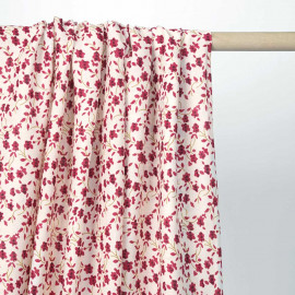Tissu viscose écru à motif floral framboise et moutarde | Pretty Mercerie | Mercerie en ligne