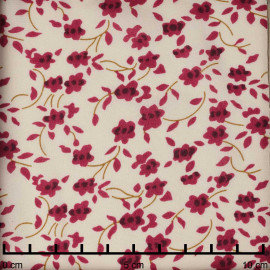 Tissu viscose écru à motif floral framboise et moutarde | Pretty Mercerie | Mercerie en ligne
