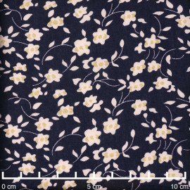 Tissu viscose bleu foncé à motif floral crème et raffia | Pretty Mercerie | Mercerie en ligne