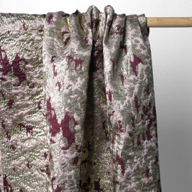 Tissu jacquard mauve et rhododendron à motif abstrait et fil lurex or | Pretty Mercerie | mercerie en ligne