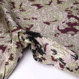 Tissu jacquard mauve et rhododendron à motif abstrait et fil lurex or | Pretty Mercerie | mercerie en ligne
