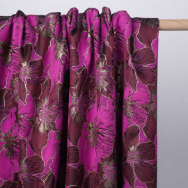 Tissu jacquardfuchsia à motif orchidée rhododendron et fil lurex or | Pretty Mercerie | mercerie en ligne