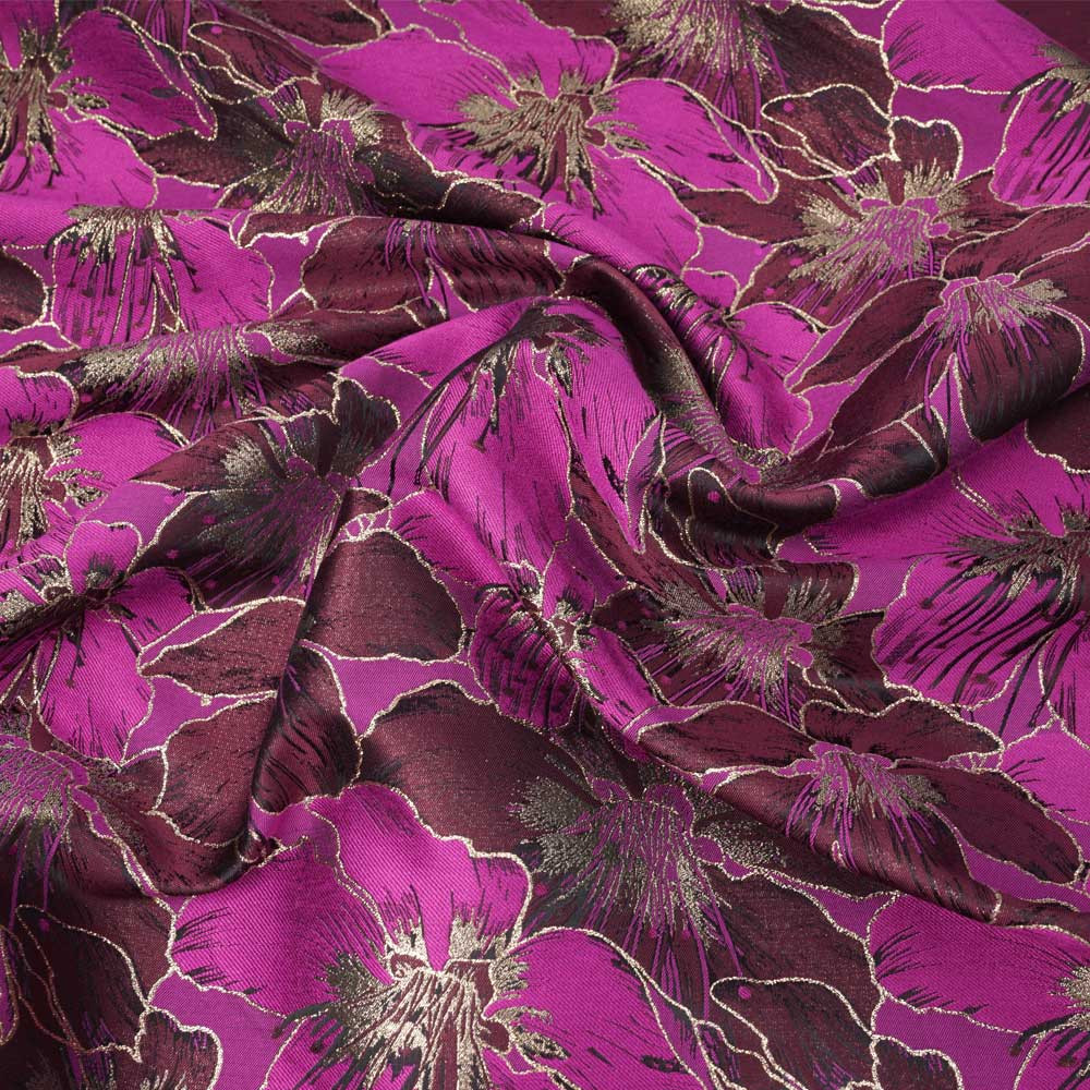 Tissu jacquardfuchsia à motif orchidée rhododendron et fil lurex or | Pretty Mercerie | mercerie en ligne