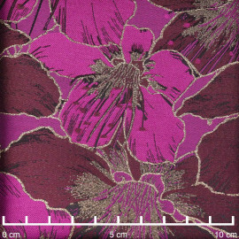 Tissu jacquardfuchsia à motif orchidée rhododendron et fil lurex or | Pretty Mercerie | mercerie en ligne
