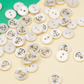 Bouton nacre blanc et or motif ancre 11 mm  - pretty mercerie - mercerie en ligne